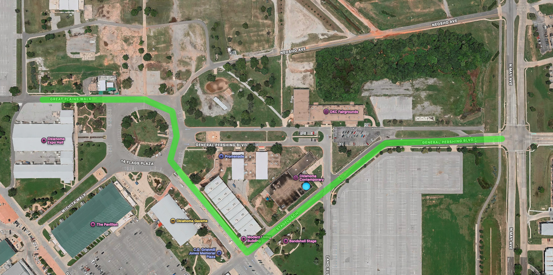 Map of the OKC Fairgrounds showing the green route from General Pershing Blvd to the Oklahoma Expo Hall