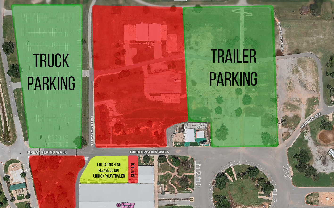 Map showing trailer parking, truck parking, the unloading zone and no-parking areas around the Oklahoma Expo Hall
